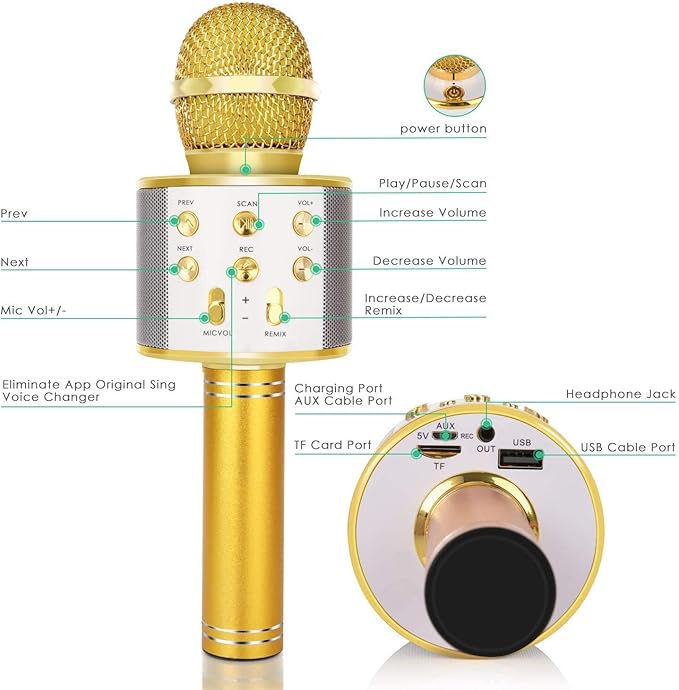 KIDWILL Wireless Bluetooth Karaoke Microphone for Kids, 5-in-1 Portable Handheld Karaoke Mic Speaker Player Recorder with Adjustable Remix FM Radio for Kids Girls Boys Teens Birthday (Gold)