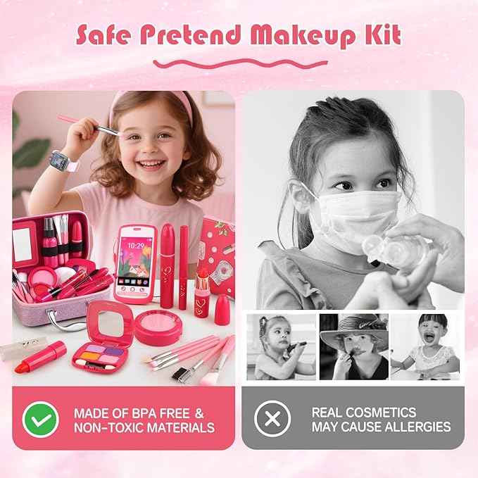 Girl Gift Pretend Makeup for Toddlers 3-5 4-6, Fake Makeup Set with Cat Commetic Case, Play Makeup for Kids Age 3 4 5 Year Old, Toddler Make Up Kit for Little Girls Birthday