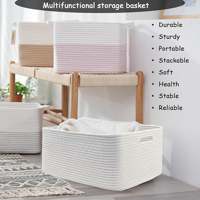 COMFY-HOMI Cotton Rope Woven Basket with Handles for Shelves,Toys,Book, Cloth Storage Baskets for Organizing-17" x 13" x 7.5" Toy Decorative Organizer for Living Room, Bathroom （All White）
