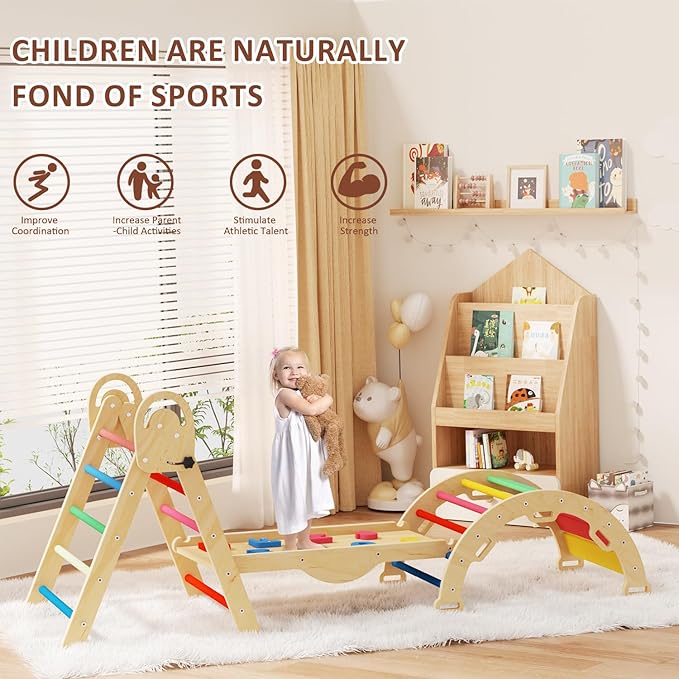 Pikler Triangle Set with Cushion, Montessori Climbing Set, Indoor Climb Toys, Indoor Playground Jungle Gyms, 9 Combinations Climbing Toy Set for Toddler, Baby, Kids 1-4