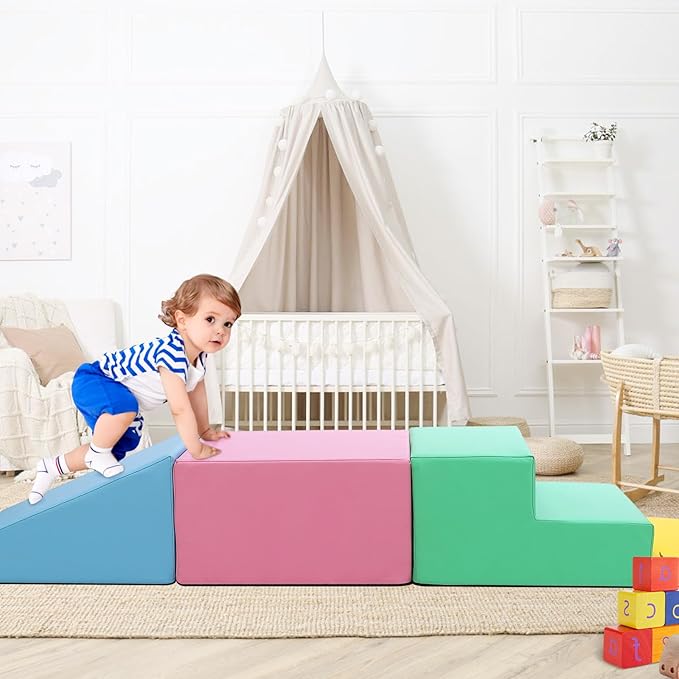 4-Piece Soft PU Leather Toddlers Climbing Toys, Baby Foam Climbing Blocks for Babies Toddlers, Waterproof Foam Play Gym Climber Structures for Toddler 3, Indoor Climb and Crawl Activity Play Set