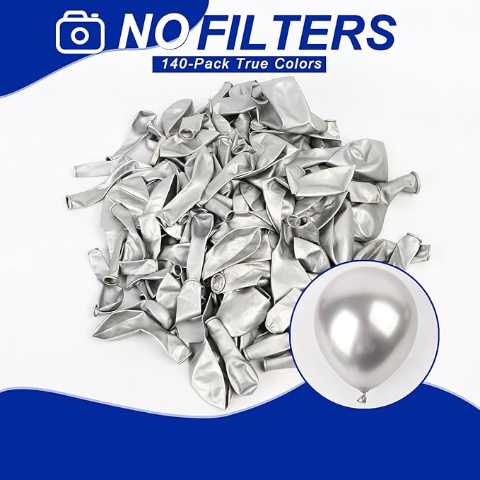 140pcs Metallic Silver Round Balloons Different Sizes 18 12 10 5 Inch Latex Balloons for Arch Decoration Party Balloon Kit for Graduation Birthday Party Wedding Balloon Baby Shower Decoration