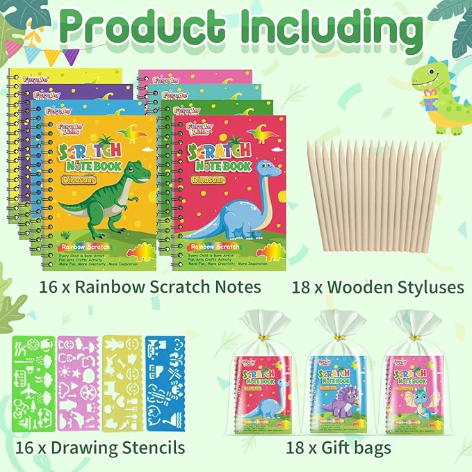 Kids Scratch Art Party Favors Gifts: 16 Pack Dinosaur Scratch Notebook Paper Birthday Party Favor Toy Girls Boys Art Craft Kit Summer Classroom Goodie Bags Return Gifts for Birthday Party Favors Bulk