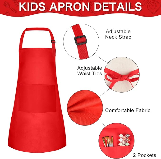 PLULON 10 Pcs Aprons for Kids Adjustable Kids Red Apron Bulk with Pocket Painting Aprons For Boys Girls Painting Cooking Baking (Red)