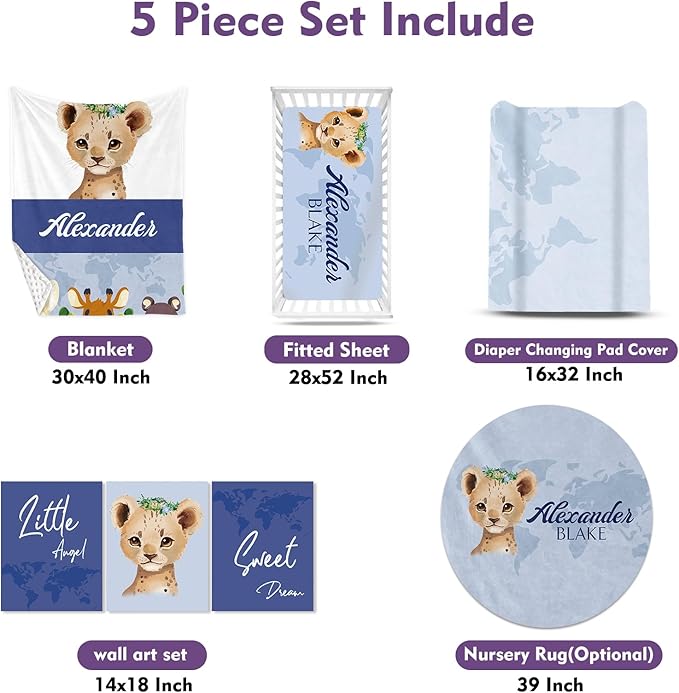 Personalized Baby Crib Bedding Set for Baby Boys Girls, Blue Leopard Pattern Custom Name Baby Crib Sets 5-Pcs, Toddler Double Layer Blanket Fitted Sheets Changing Pad Cover Rug Wall Art Set