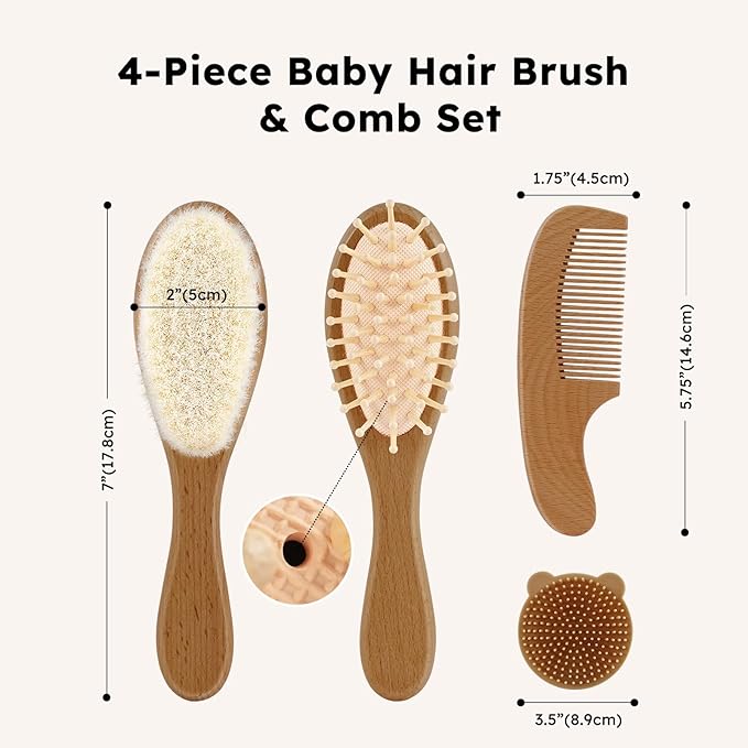 Yoofoss 4 Piece Baby Hair Brush and Comb Set, Wooden Baby Hair Brush with Natural Ultra Soft Goat Hair, Baby Comb Set for Boy, Girl - Walnut
