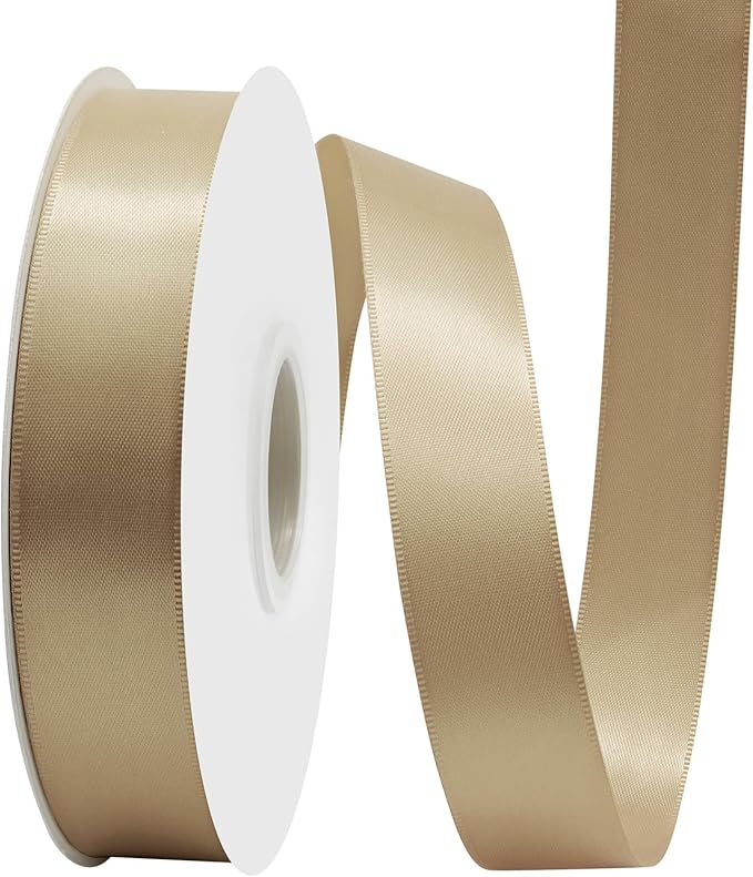 Tan Satin Ribbon 1 Inch X 50 Yards Solid Color Double Faced Ribbons Perfect for Crafts Wedding Decor Bow Making Arts Sewing and More