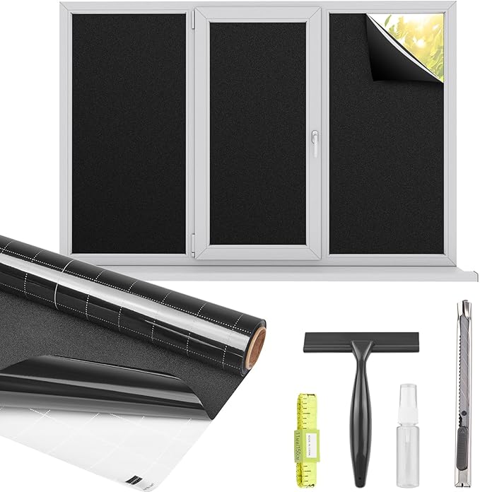 Kromapolis Blackout Window Privacy Film Total Light Blocking Room Darkening Window Covering, Removable Static Cling Frosted Glass Tint, Non-Adhesive, Black 17.5'' x 118.1''