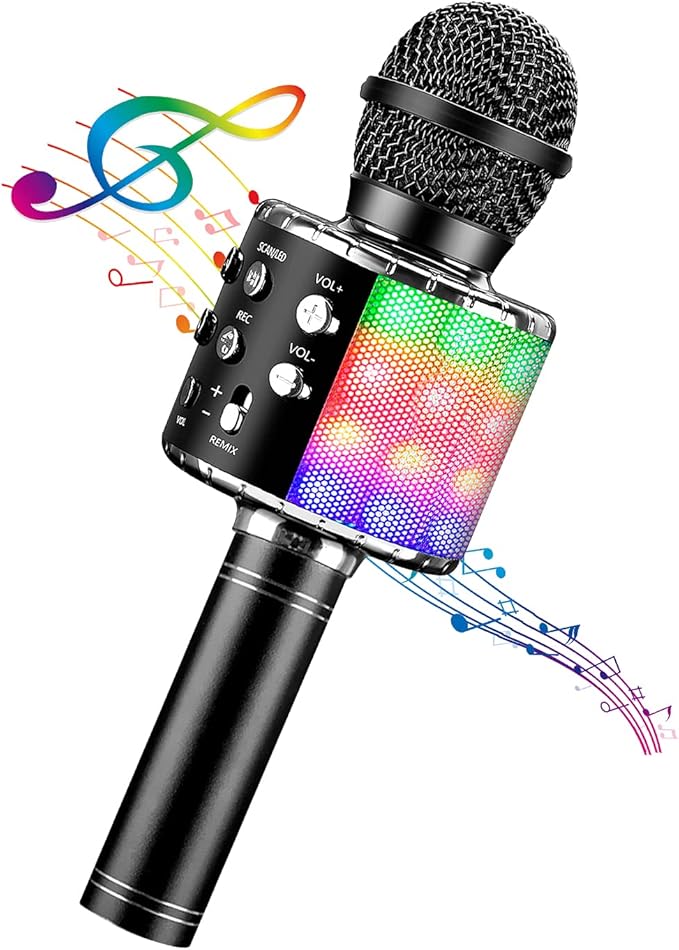 BlueFire 4 in 1 Karaoke Wireless Microphone with LED Lights, Portable Microphone for Kids, Great Gifts Toys for Kids, Girls, Boys and Adults (Black)