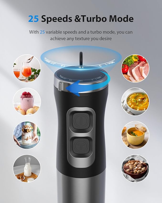 1000W Powerful Immersion Blender Handheld, 2025 New Update Hand Blender with 25-Speed and Heavy-Duty Copper Motor, 4 in 1 Hand Mixer with Chopper, Whisk, Beaker and Wand Silver