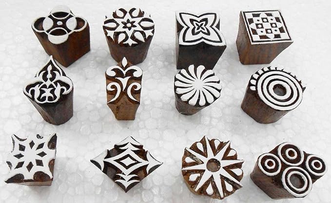 Wholesale Pack of 12 Wooden Block Printing Stamps for Textile Designing/Henna Tattoo/Crafts Printing Pattern for Saree/Home Decor