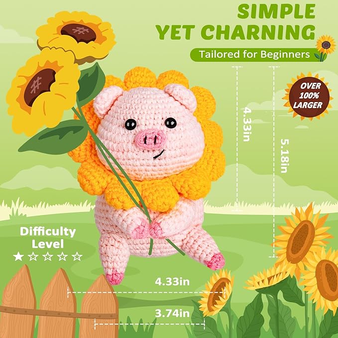 Crochet Kit for Beginners, Crochet Kit w Step-by-Step Video Tutorials, Crochet Starter Kit Learn to Crochet Kits for Adults Kids Beginners, Crochet Kit Pig (40%+ Yarn Content)