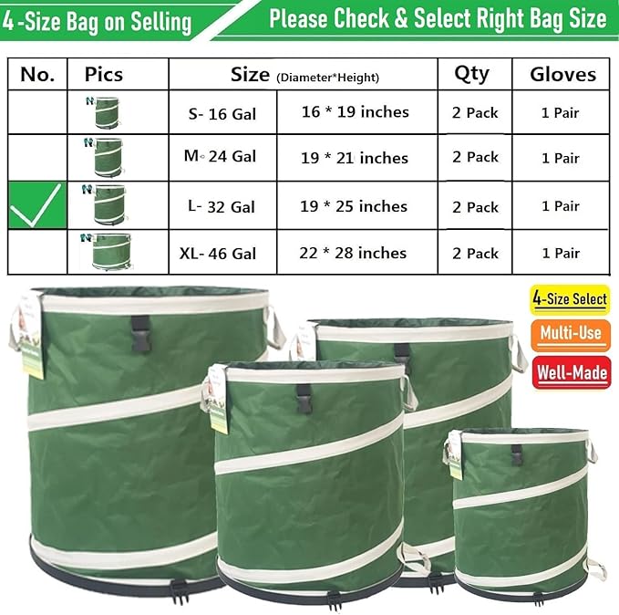 2-Pack 32 Gallon Collapsible Trash Can (19x25 in) Solid Bottom for Yard Waste Bag,Yard Debris Bag,Pop-Up Trash Can,Recycling Bin,Camping Waste Bin,Laundry Hamper,Lawn Grass,Garden Weeds Bags,Leaf Bags