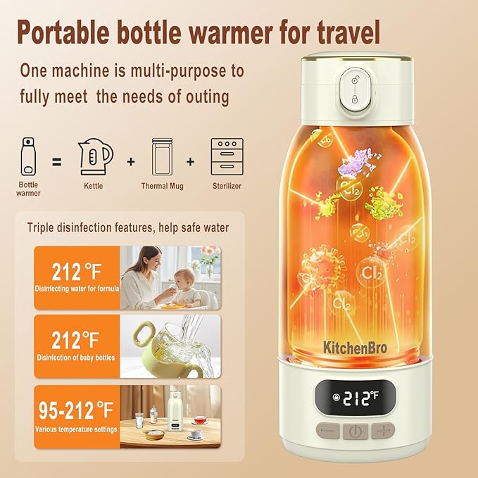 Portable Bottle Warmer for Travel-Various Heating Modes for Breast Milk& Water&Tea. 17 Ounces Large Capacity Portable Milk Warmer for Baby,Fast Heating Speed and Long Battery Life with High Capacity