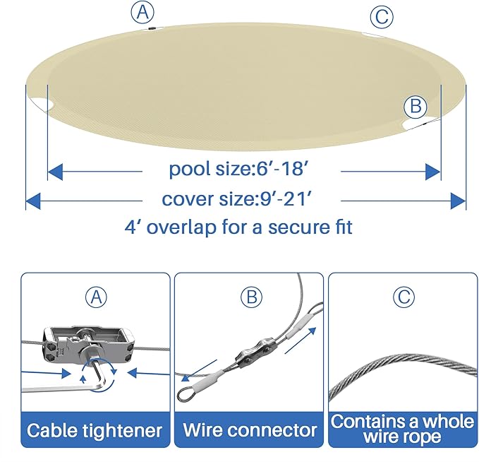 ECOOPTS 9 ft Round Pool Cover for Above Ground Pools, Swimming Pool Cover Protector Winter Safety Cover (Beige)
