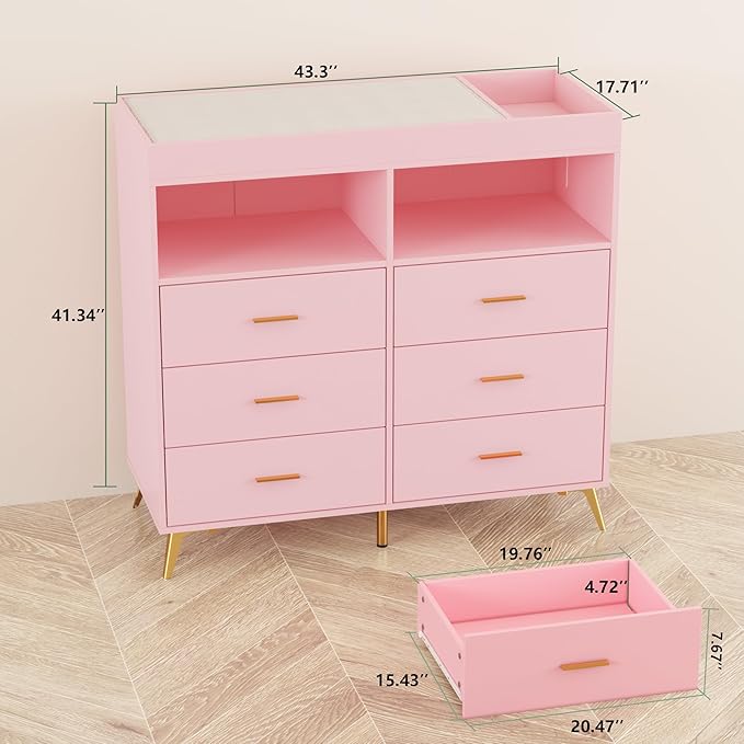 GarveeHome Dresser for Bedroom with 6 Drawers, Baby Changing Table Dresser with Changing Pad, LED Lights & Charging Station, Baby Changing Station with Changing Table Top, Pink