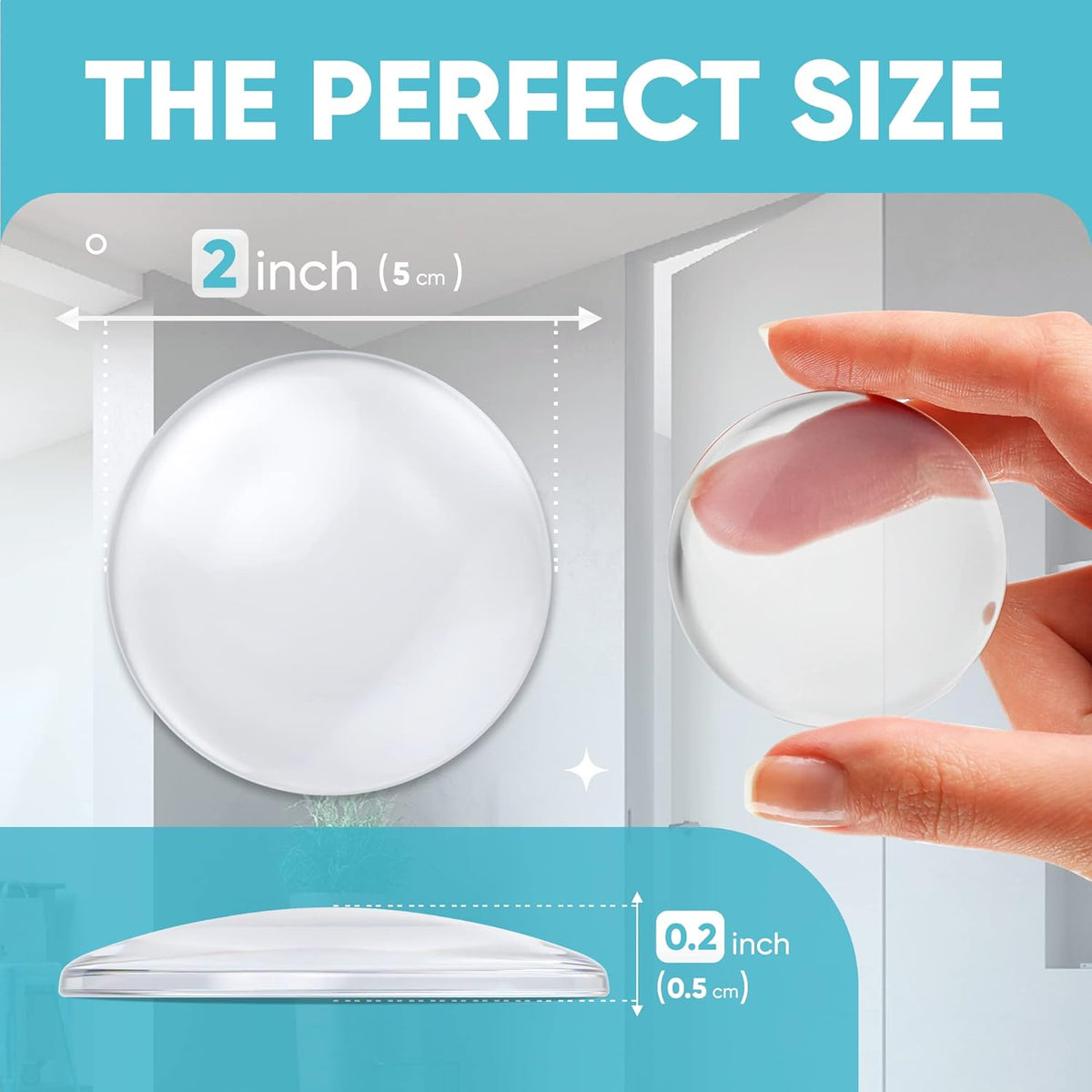 Strongest Home Wall & Door Handle Stopper 2" Set. 6 Pieces of Clear Rubber Door Knob, Round Wall Shield Cushion, Quiet Wall Protector for Door Handle, Guard Door Bumper Silencer Self - Adhesive