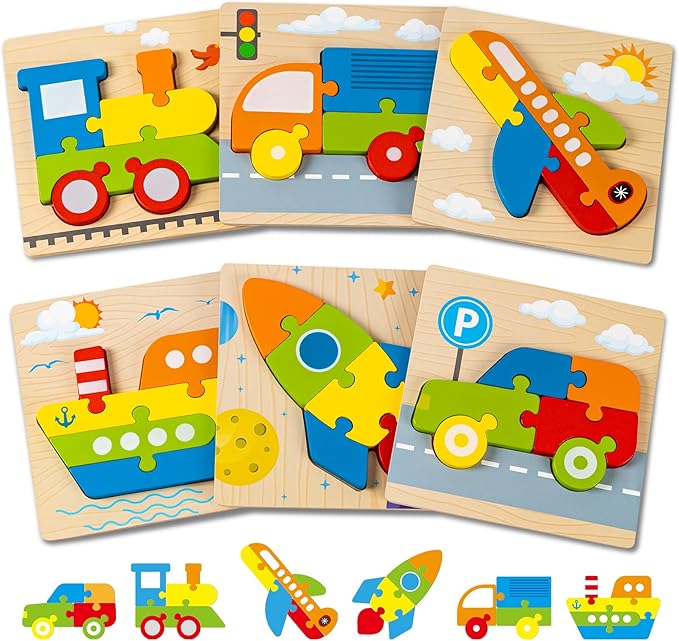 Wooden Vehicle Puzzles Toy Gift for 1, 2, 3 Years Old Boys Girls, Toddler Best Birthday Gift with 6 Vehicle Baby Montessori Color Shapes Learning Puzzles - Kids Educational Developmental Toys