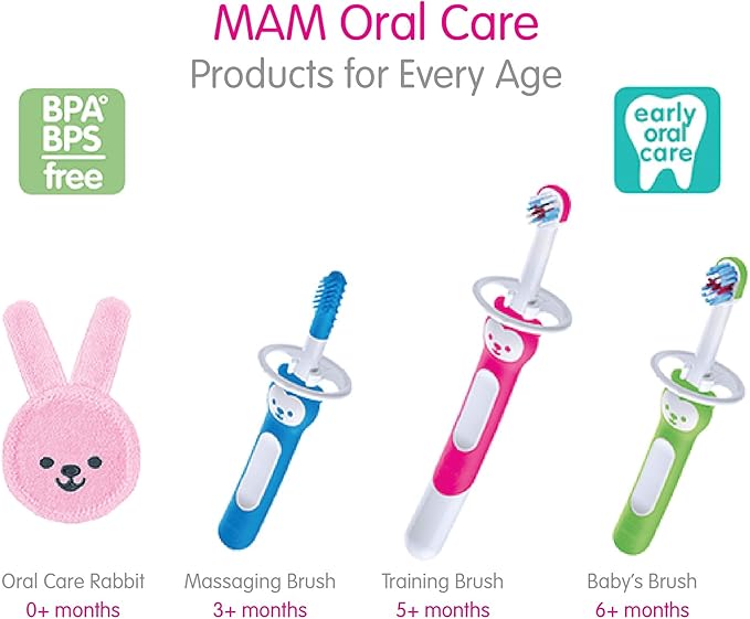 MAM Learn to Brush Set (1 Baby's Brush Toothbrush, 1 Training Brush, 1 Safety Shield), Baby Toothbrushes with Brushy The Bear, Interactive App, for Boys 5+ Months, Blue