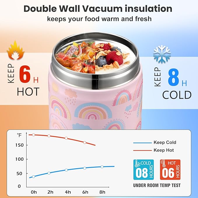 17oz Soup Thermo for Hot Food Kids,Insulated Food Jar with Spoon,Thermo Hot Food Lunch Container,Wide Mouth Leakproof Stainless Steel Lunch Box for School-Rainbow