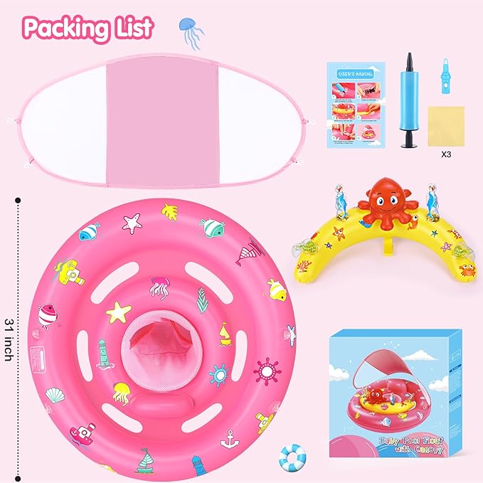 Baby Pool Float with Canopy, Inflatable Baby Swim Float with UPF50+ Sun Protection, Toddler Infant Pool Float with Toy Play Console Adjustable Safety Seat for Kids Girls Boys Aged 6-36 Months
