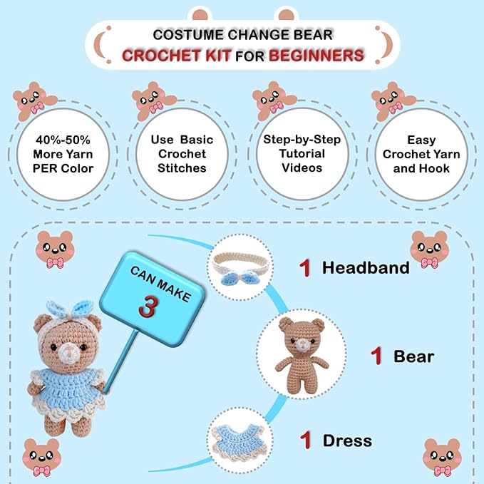 LoopMap Crochet Kit for Beginners - DIY Amigurumi Bear with Removable Dress & Accessories - Step-by-Step Video Tutorials, Extra Yarn, Crochet Tools, Handmade Gift for Kids & Adults (Bear K01, Blue)
