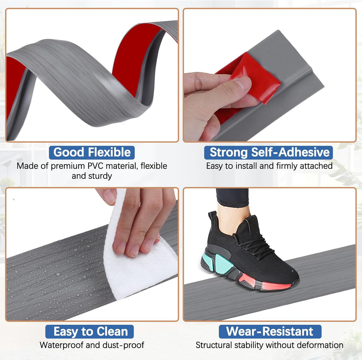 Vinyl Door Threshold Flooring Transition Strip Self Adhesive Carpet Edging Strip for Laminate Doorway Edge Threshold from 2/5" to 3/5" (Light Gray Wood Grain, 3.3 Ft)