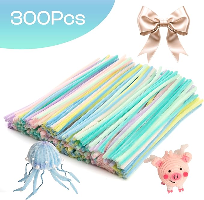 Caydo 300 Pieces Macaroon Pipe Cleaners, Thick Fluffy Chenille Stems, Pipe Cleaner Crafts for Arts & Crafts, Perfect for Making Animals, Flowers, and Festive Decorations