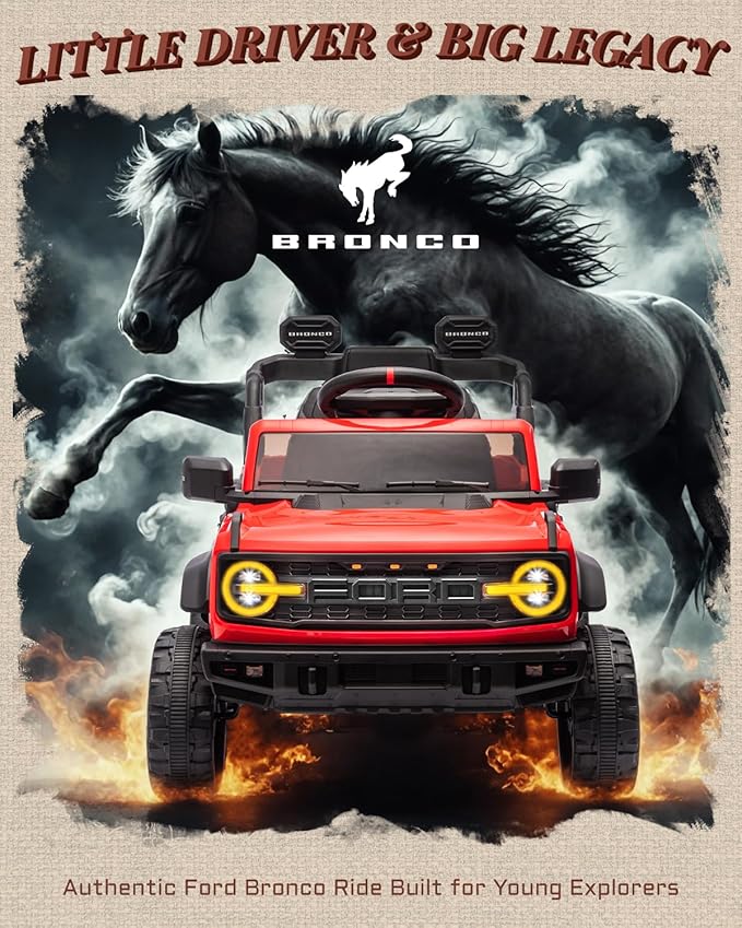 Ford Bronco Raptor Licensed 12V Ride on Toys, Kids Ride on Car with Remote Control, Electric Car for Toddler with Smooth Start, Openable Doors, MP3 Player, 3 Speeds (12V, Red)