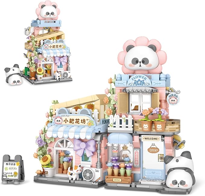 Street View Flower House Shop Mini Building Blocks, MOC Creative Building Toys Cute Panda Building Set for Kids 6-12, Simulation Architecture Construction Toy, Gift Idea for Kids Adults (810PCS)
