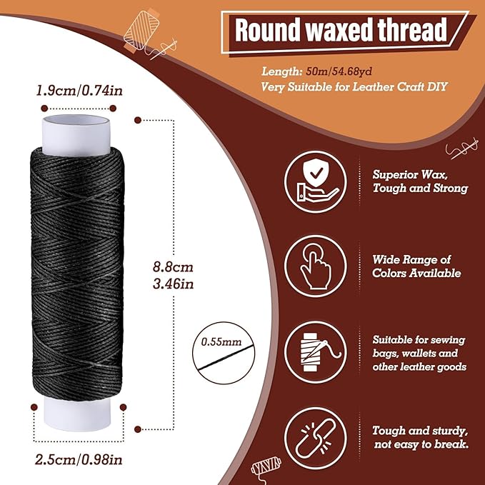 0.55 mm 54 Yards Leather Thread for Sewing, Round Waxed Thread for Stitching, Bookbinding, Bracelet, Braiding (Black)