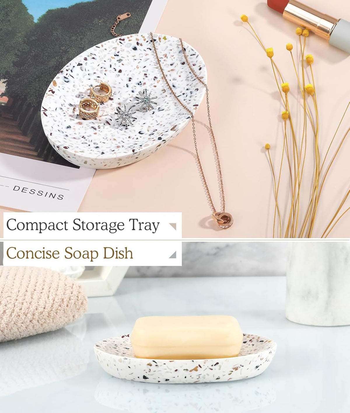 Luxspire Soap Dish, Resin Soap Tray Soap Holder Container Box, Oval Soap Plate Case, Non-Slip, Multi-Purpose Soap Holder, Bathroom & Kitchen Countertop, Terrazzo