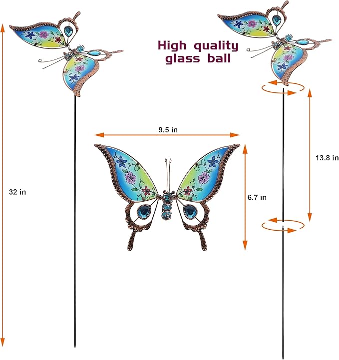 Juegoal Set of 4 Butterfly Garden Stake Decor, 32" Metal Colorful Butterflies Stakes, Yard Art Ornaments for Mom, Mothers Day Ideal Gifts, Outdoor Lawn Porch Pathway Patio Plant Pot Flower Bed