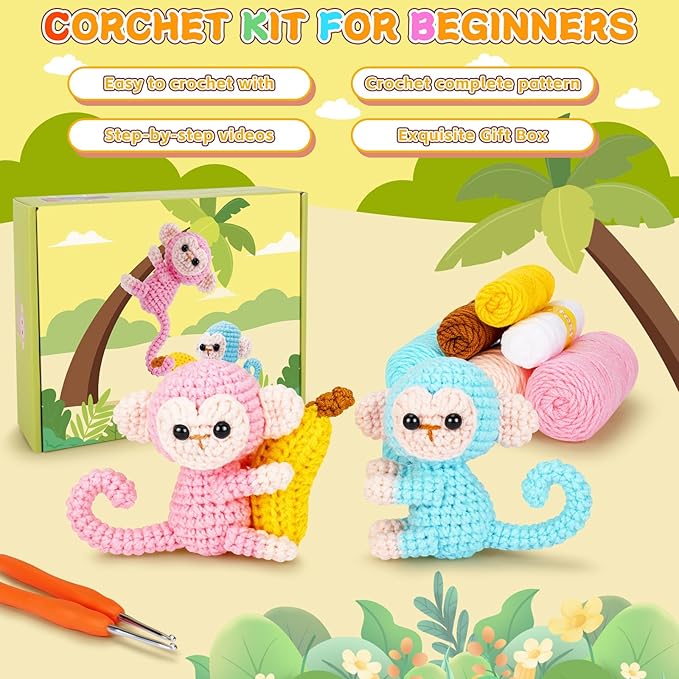Crochet Kit for Beginners - 2 PCS Monkey with Banana Crochet Kits with Step-by-Step Video Tutorials, Beginner Crochet Kit for Adults, Crochet Monkey Kit for Kids (Blue & Pink)