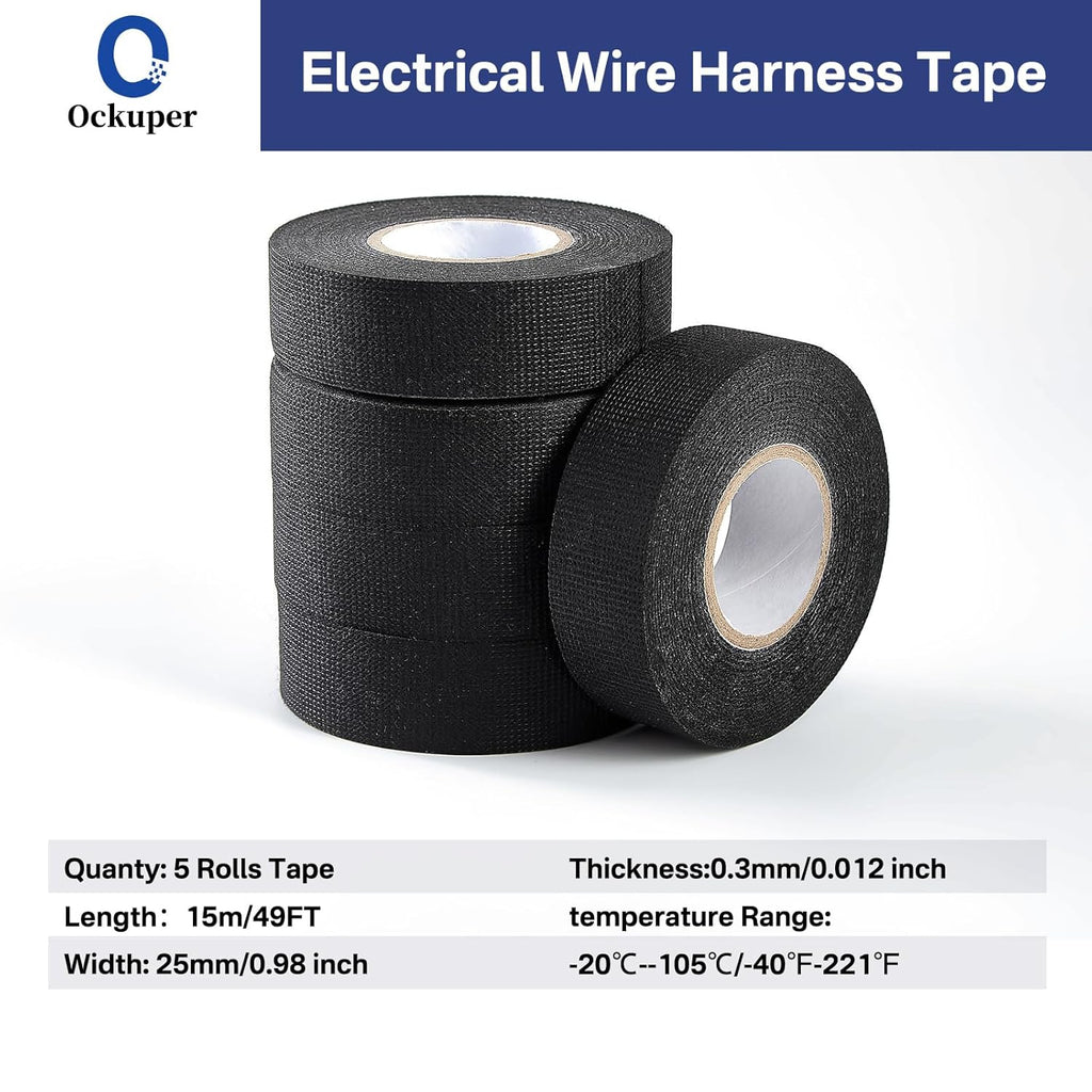 Wire Harness Tape, 0.98＂x 49FT 5 Rolls, Wiring Loom Harness, Self-Adhesive Felt Cloth Electrical Tape for Automotive Engines, Harness Wrap Protection,Noise Dampening and Cable Protection,Black