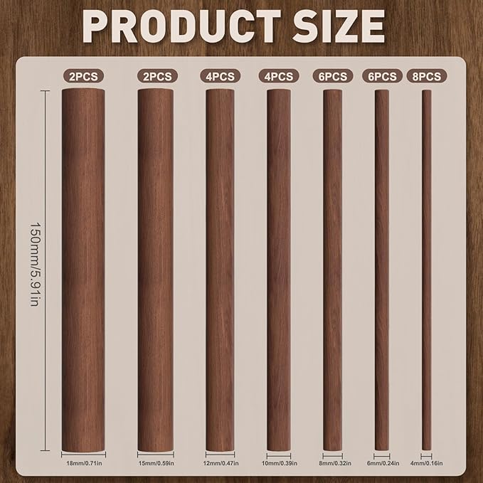 32Pcs 7 Size Walnut Wooden Dowel Rods 5.9Inch Long Wooden Dowel Rods Sticks 4/6/8/10/12/15/18mm Wood Sticks for Crafts Unfinished Round Sticks for Crafts and Woodworking Building Material