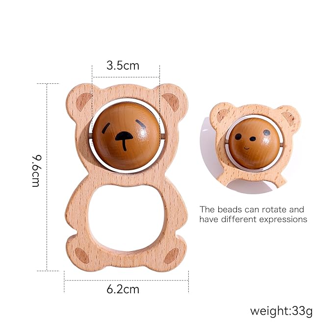 Wooden Baby Rattle Toys, Newborn Rattle Toys 0-12 Months Handmade Baby Clutching Toys | Natural Wooden Baby Teething Toys | Baby Shower/Birthday Gifts (Cute Bear Rattle)