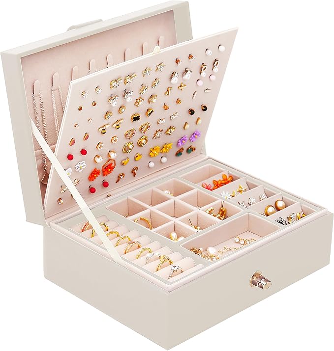 Girls Jewelry Box Earring Holder Organizer for Girls Jewelry Organizer Box Stud Earrings Organizer for Girls Womens Beige Jewelry Box for Earrings and Necklaces Rings Stud Earring Box for Teen