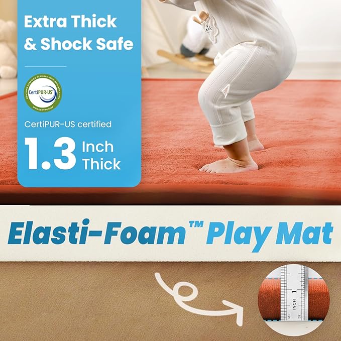 Baby Play Mat for Kids Room,Extra Thick Elasti-Foam Anti-Fall Cushion Mat for Babies,Toddlers,Infants,Water-Repellent&Non-Slip Bedroom Bedside Rugs(Brick)