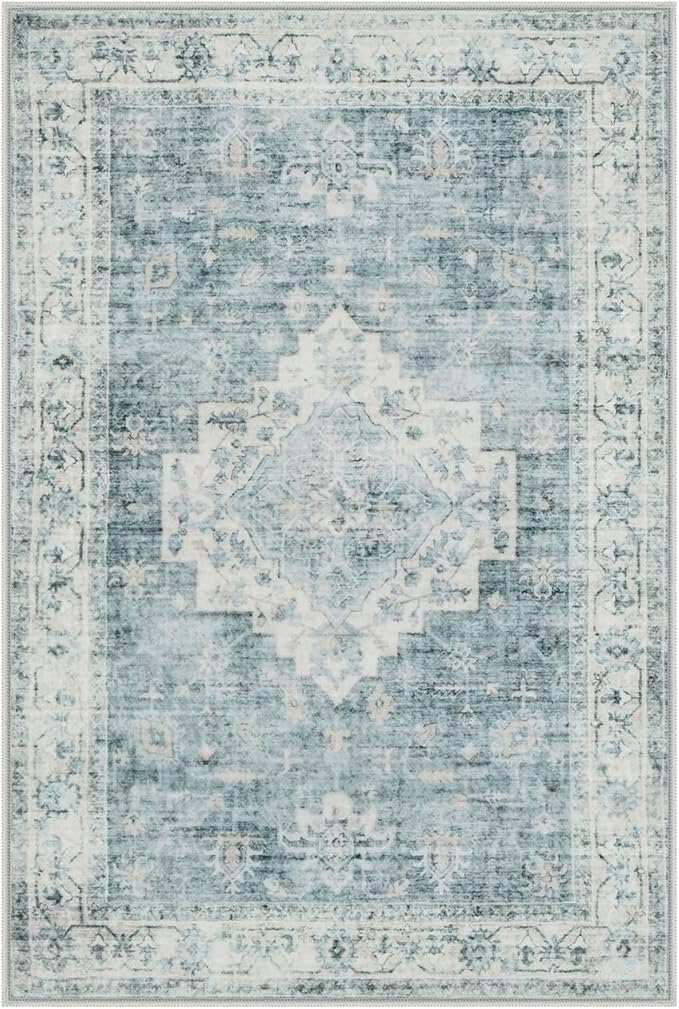 LIVEBOX Washable Rug 2x3 Kitchen Mats for Floor Entryway, Non Slip Front Door Mat for Bathroom Hallway, Boho Low-Pile Small Carpet Farmhouse Throw Indoor Rugs for Bath Sink, Blue