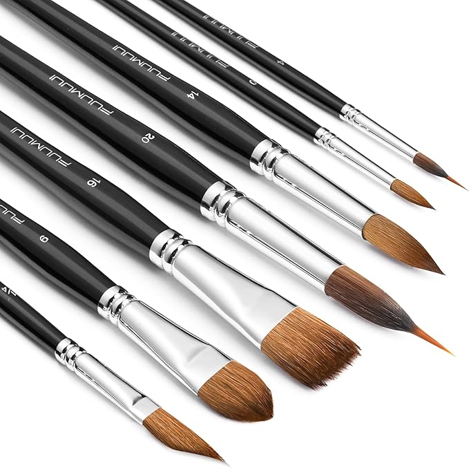 Watercolor Brush Set, Fuumuui 7pcs Professional Sable Paint Brushes with Extended Needle, Round Point, Flat, Dagger, Cat's Tongue for Watercolor, Acrylic, Gouache – Detail & Wash Painting