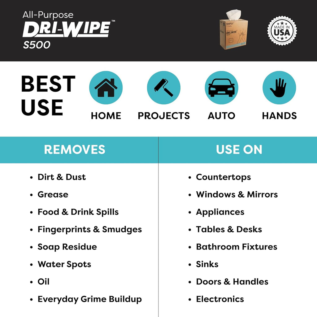 Dri-Wipe S500 by SMPLY Brands – All-Purpose Disposable Wipes, 10 Boxes of 176 (1,760 Total Wipes), Strong Alternative to Shop Towels & Paper Towels, 8" x 12" Center-Pull Sheets