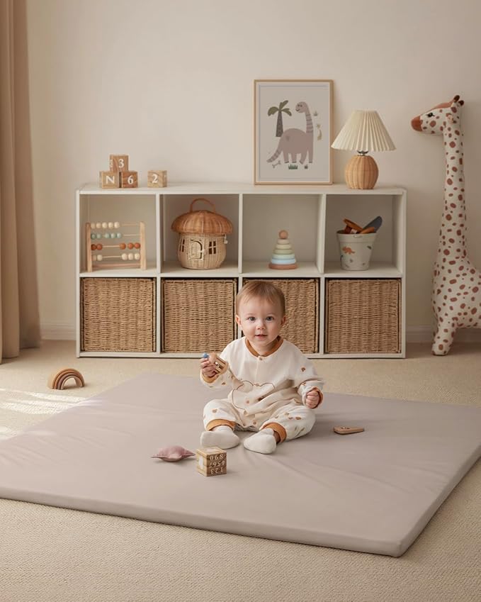 Blissful Diary Vegan Leather Baby Play Mat, 50x50 Thicken Foam Cushioned & Waterproof Playpen Mat for Infants and Toddlers, Stylish and Just Wipe-Clean Playmat for Baby Play on Floor, Taupe