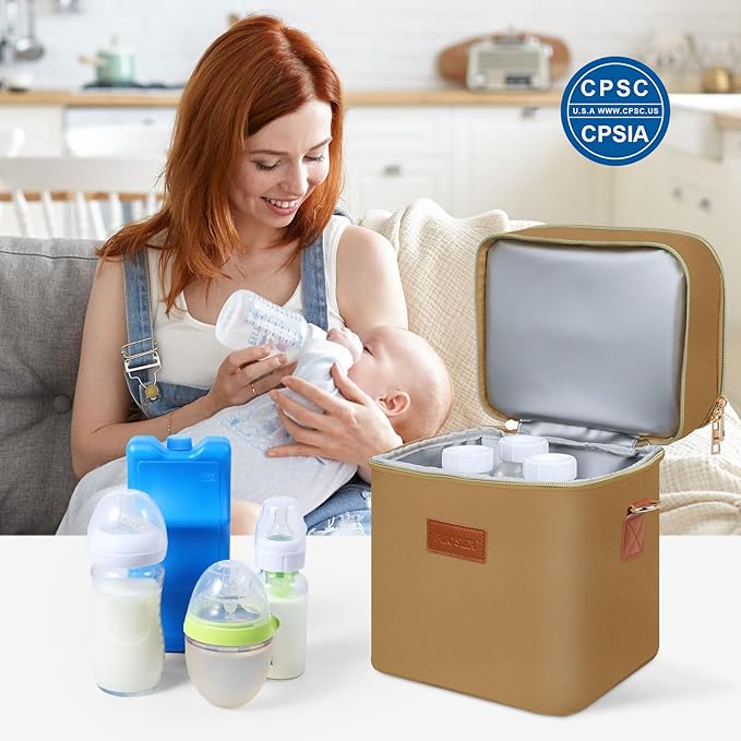 PIIOSER Breastmilk Cooler Bag with Ice Pack Fits 6 Baby Bottles Up to 9 Ounce, Insulated Baby Bottle Tote Bags, Double Layer Waterproof Leak-Proof with Shoulder Strap for Nursing & Working Mom (Brown)