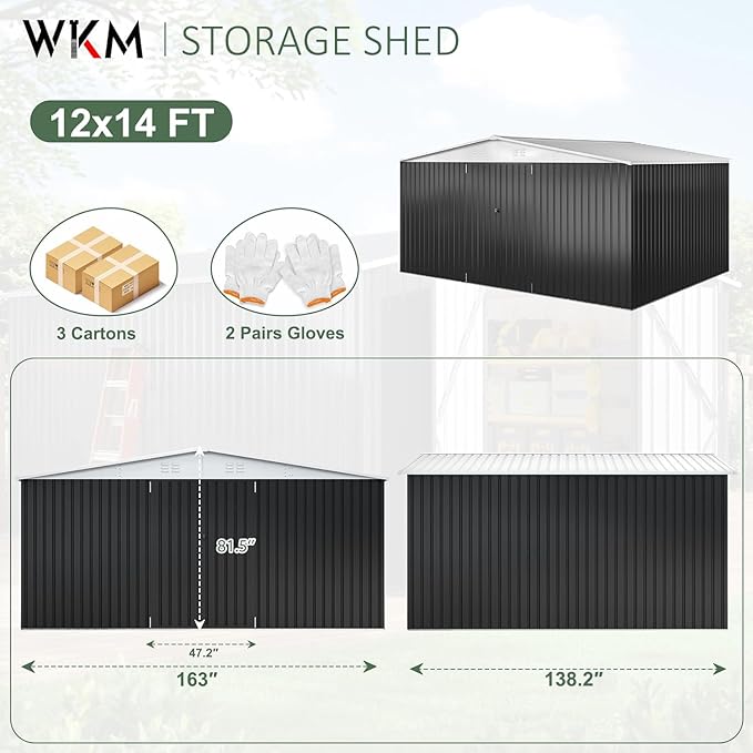 WKM 12x14 FT Outdoor Storage Shed, Utility Metal Tool Storage with Lockable Doors and Updated Frame Structure, Large Metal Garden Shed for Backyard, Patio Lawn, White
