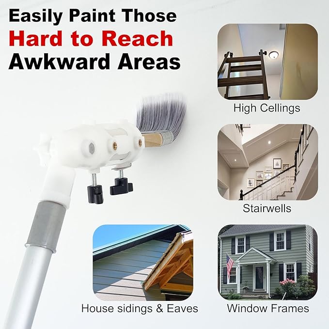 Multi Angle Paint Brush Extender V2, Long Handle Paint Brush, Extension Pole Attachments for Paint Roller, Paint Edger Tool for High Ceilings, Corner Painting Tool for Paint Extension Pole (White)
