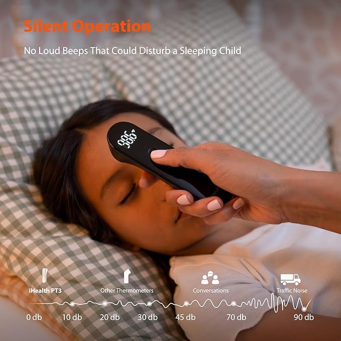 iHealth No-Touch Digital Forehead Thermometer for Adults, Babies, Kids - FSA HSA Eligible, 3 Ultra-Sensitive Sensors, Quiet Vibration Feedback, Large LED Digits, Easy to Use for Home, PT3 Black