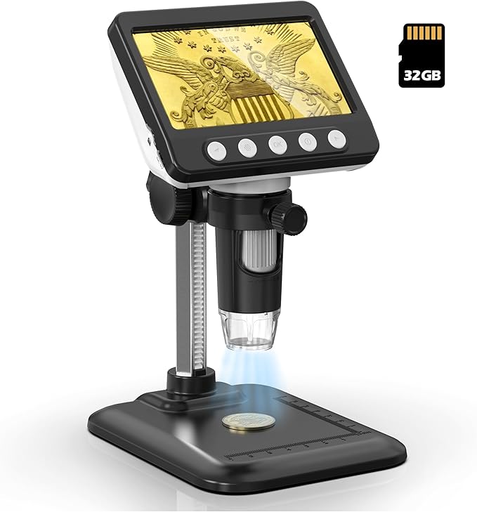 Coin Microscope, 4.3" LCD USB Digital 1000X Coin Magnifier with 8 Adjustable LED Lights, 1080P PC View Compatible with Windows/MacBook for Adults Kids