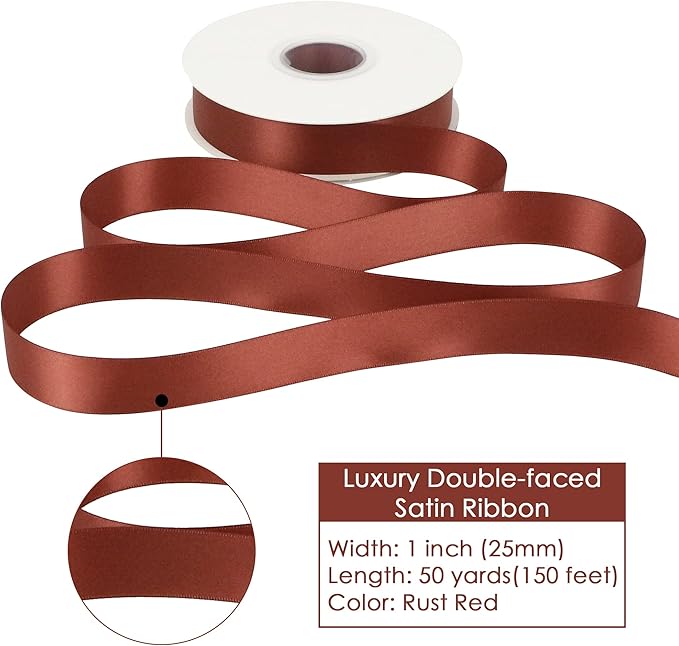 HUIHUANG Satin Ribbon 1 inch Wide Rust Red Ribbon for Fall Wedding 50 Yards Double Face Silk Satin Ribbons for Crafts Christmas Tree Decor Gift Wrapping Bows Bridal Floral Bouquet Invitation Card