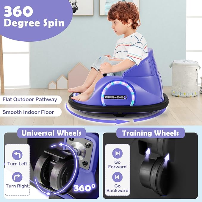 GLACER 12V Bumper Car, Electric Kids Bumper Car w/Parental Remote, 3-Speed, 360°Spin, Music, LED Light, Battery Ride on Bumper Car w/Dual Joysticks, Baby Bumper Car for Toddlers 18 Months+ (Purple)